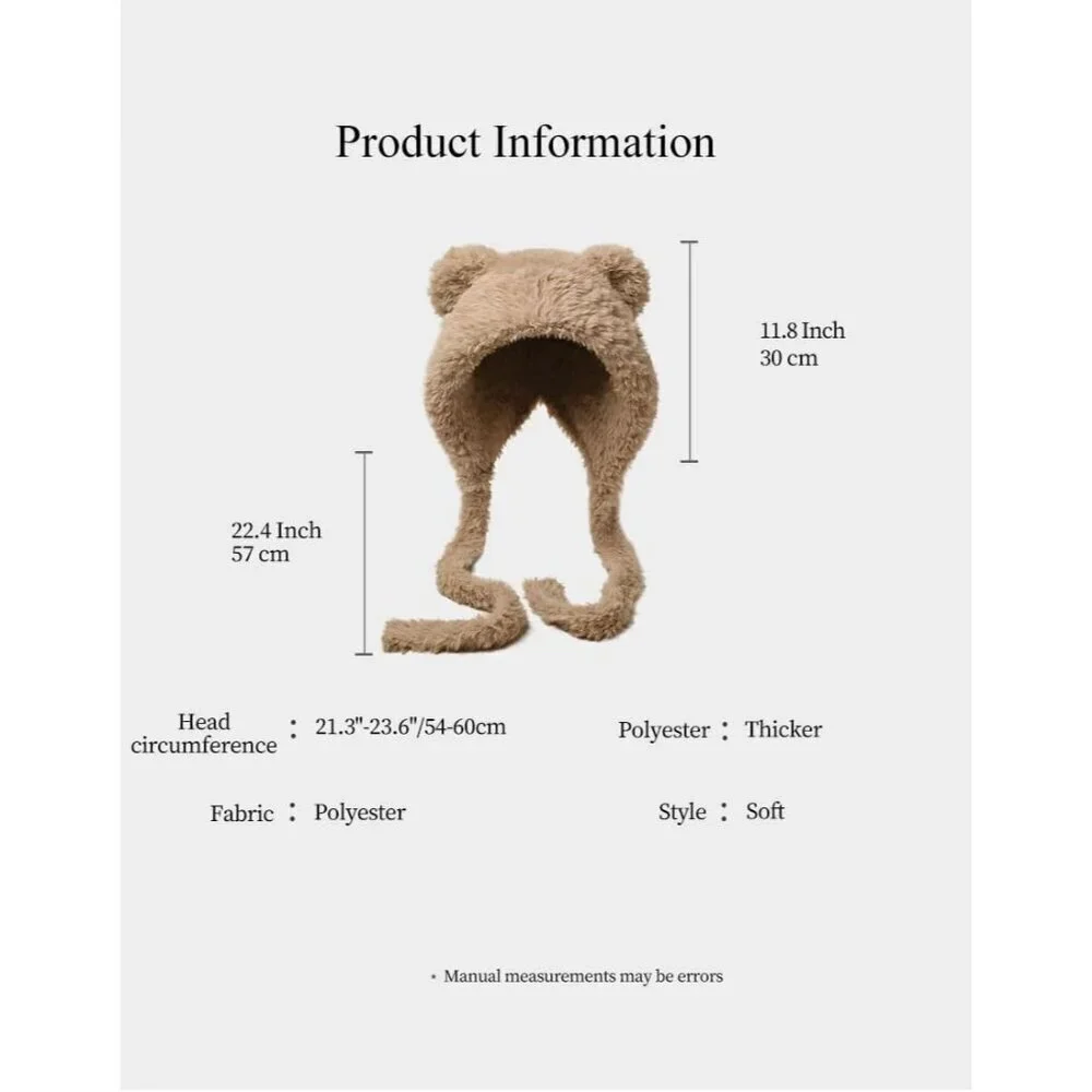 Women Khaki Winter Beanie Hats Knit Ear Flaps Cute Stuffed Bear Ears Fleece